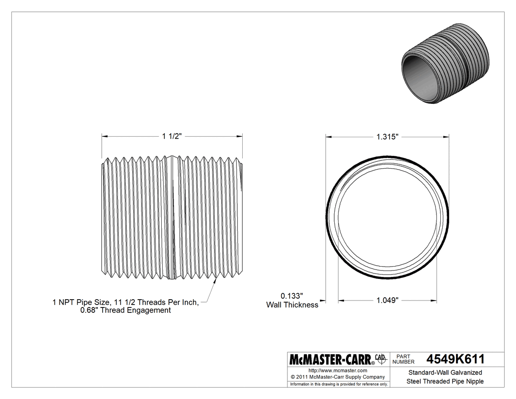 Technical Drawing of Standard-Wall Galvanized Steel Threaded Pipe Nipple, Fully Threaded, 1 NPT, 1-1/2" Long.